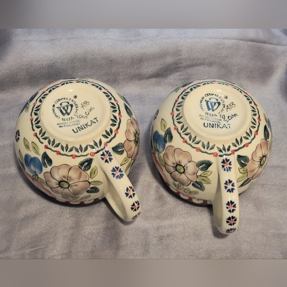 Polish Pottery Bubble SET Of 2 Mugs! UNIKAT Signature & Floral Pattern! HANDMADE - Picture 4 of 14